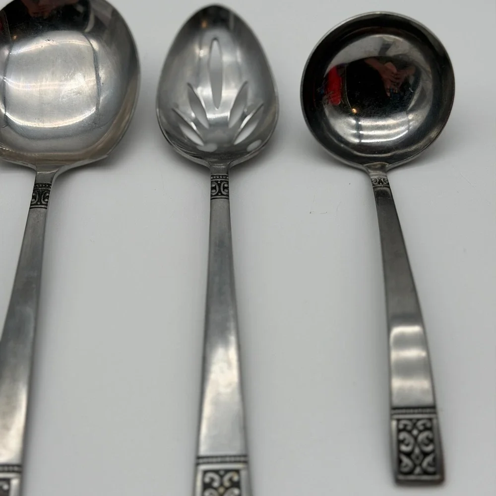 Vintage Japan Stainless Ornate Scroll Flatware & Serving Utensil Lot 13 Pieces